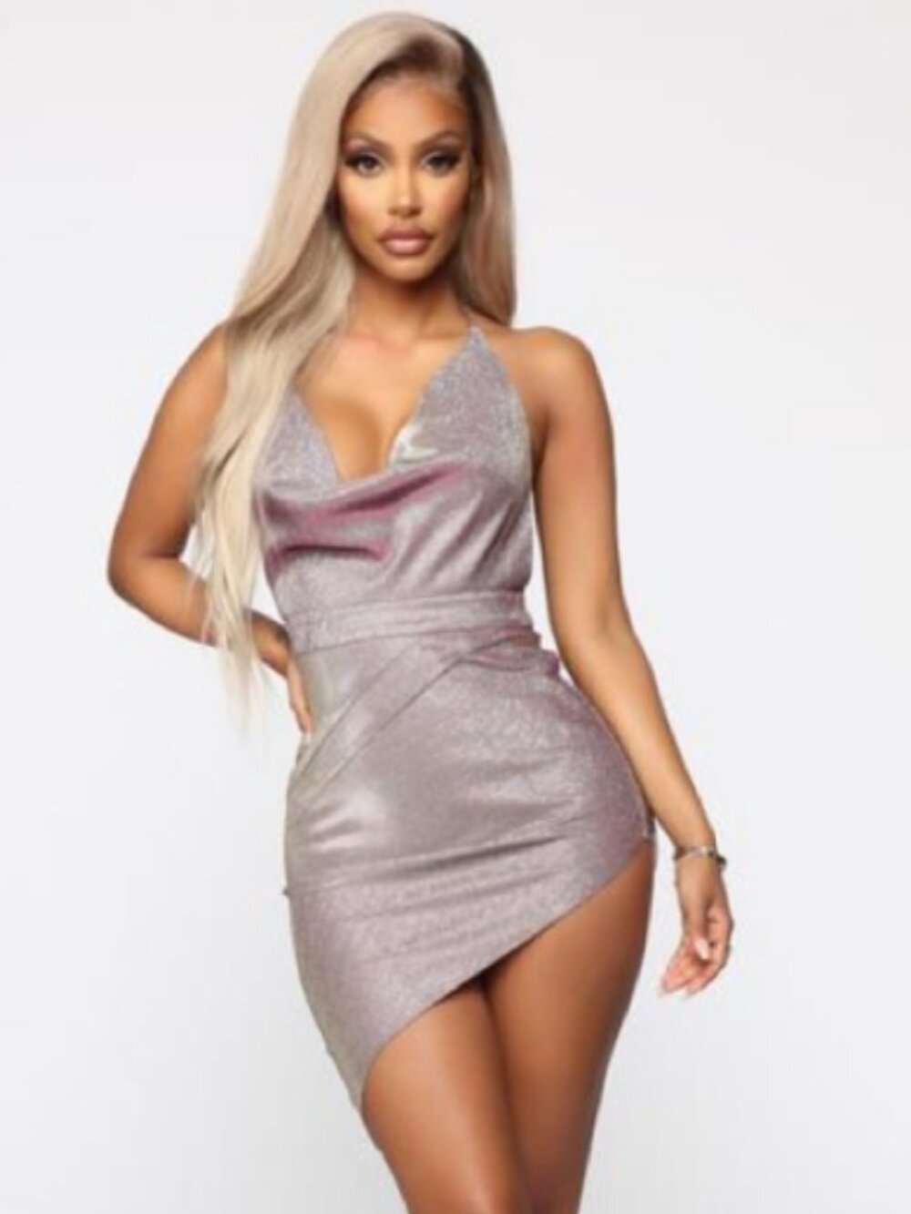 FASHION NOVA Silver Glitter Metallic Halter Cowl Neck Asymmetrical Dress M